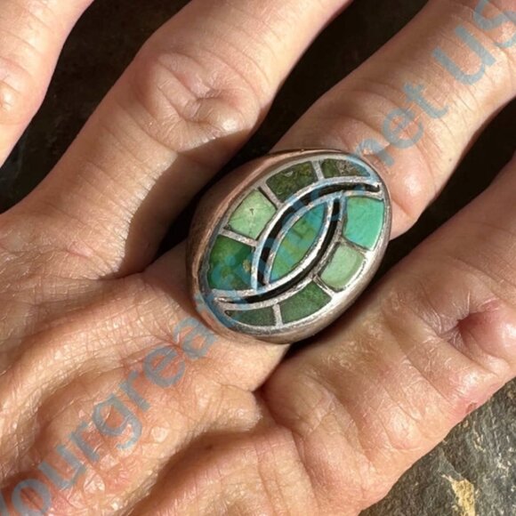 Solid Sterling Silver Zuni Signet Ring Inlay Turquoise Size 10 - Picture 7 of 7